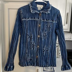 Y2K 2000’s Cocoon Bay Crinkle Accordian Pleated Embellished Denim shirt S EUC